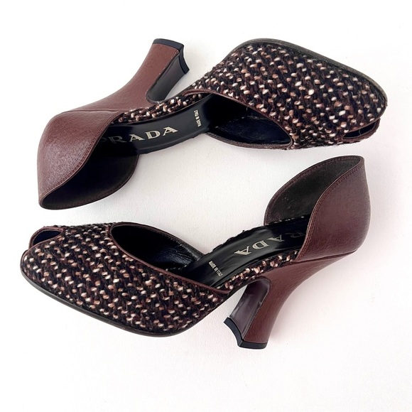 PRADA | Brown Tweed Leather Peep Toe D’Orsay Heels Pumps Vintage Y2K EU 36 - Picture 11 of 14